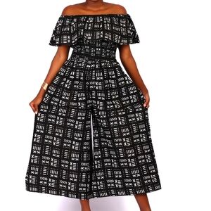 Elegant Black and White Ruffle Off-Shoulder Jumpsuit with Headscarf